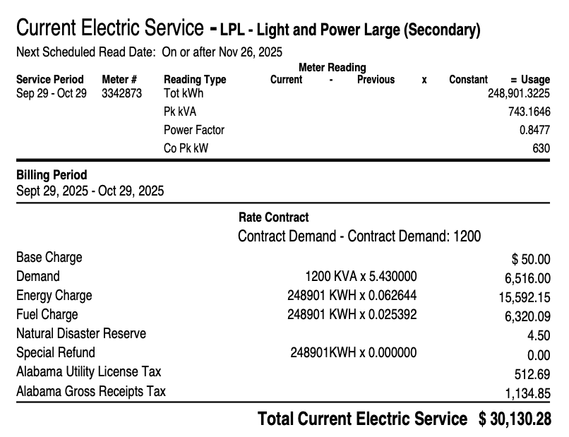 Industrial electricity bill showing untracked energy costs